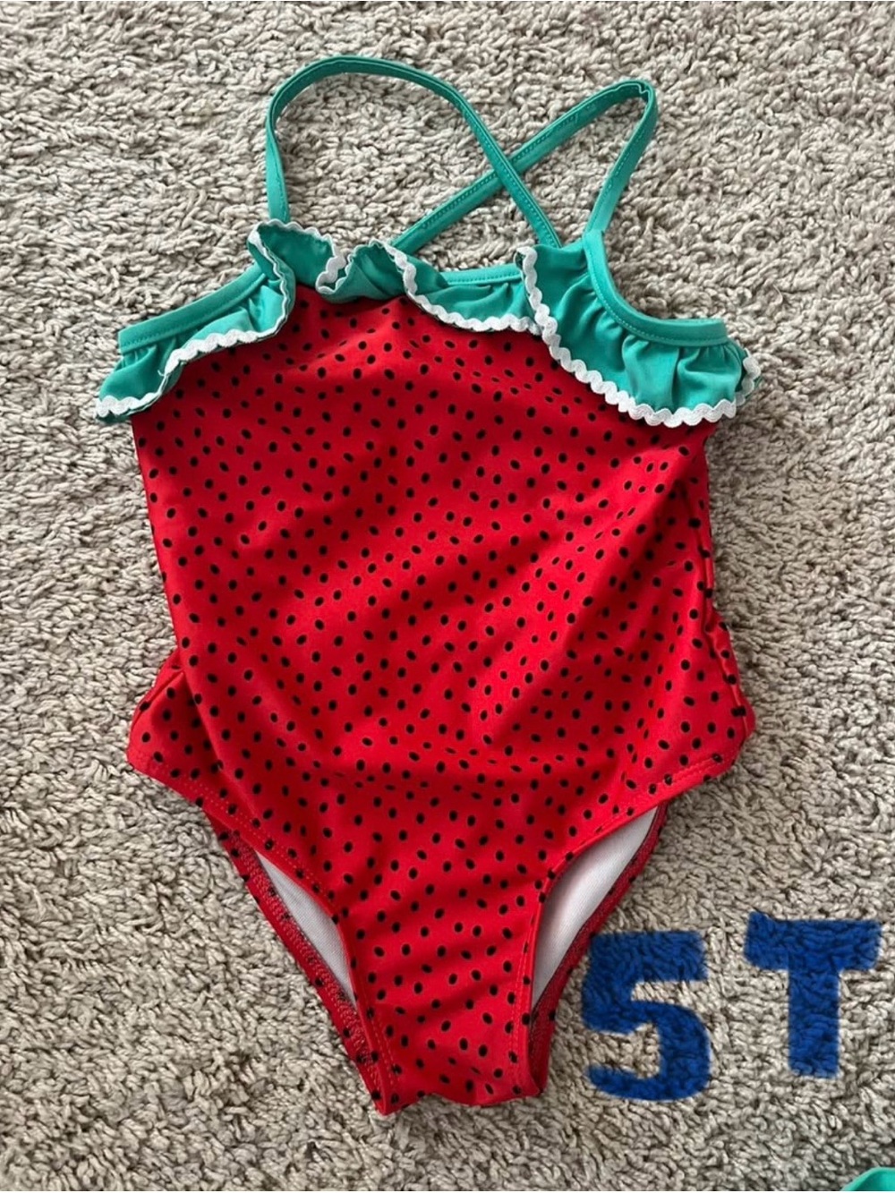 Girls Red Watermelon One-Piece Swimsuit with Green Ruffle